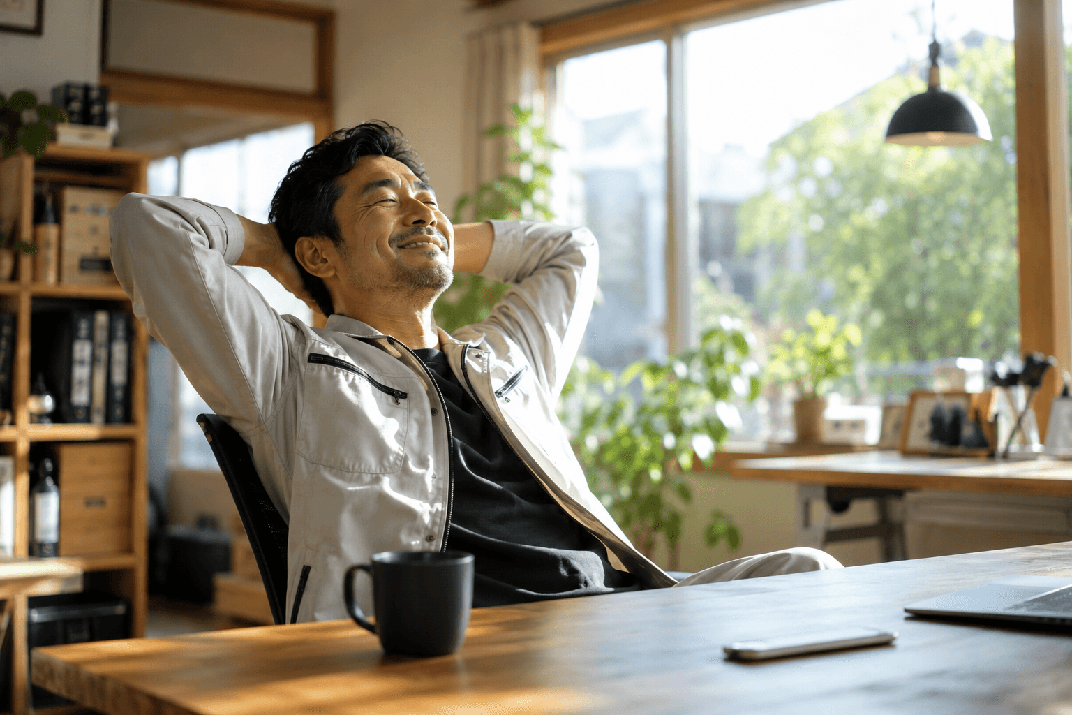 事務作業から解放されてくつろぐ職人