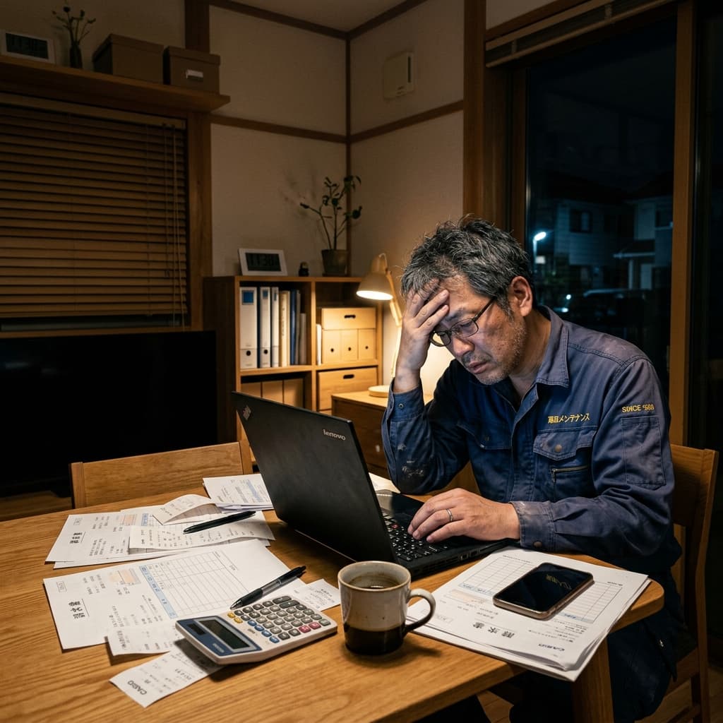 深夜まで事務作業をする職人